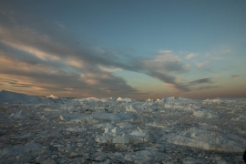 Erstes Morgenlicht auf den Eisbergen